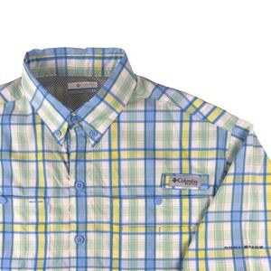 Columbia PFG Mens Small Blue Yellow Plaid Short Sleeve Fishing Shirt Omni-Shade
